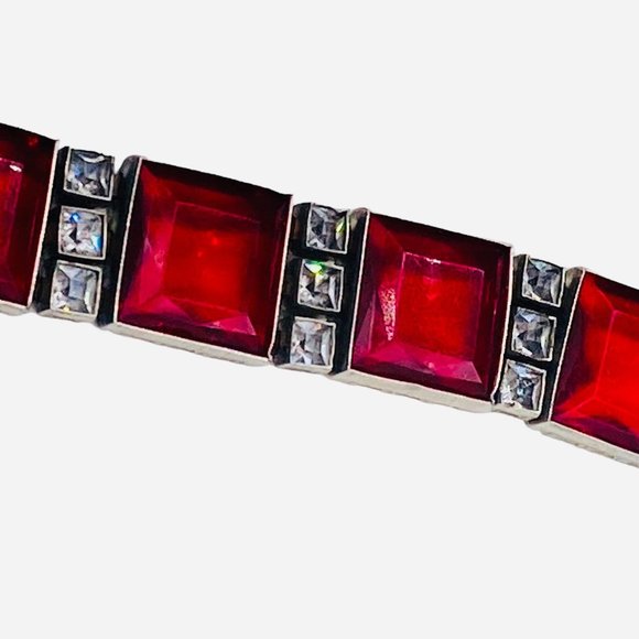 Authentic Art Deco Red  and Clear Glass Link Bracelet Silver Tone Metal - Picture 3 of 6